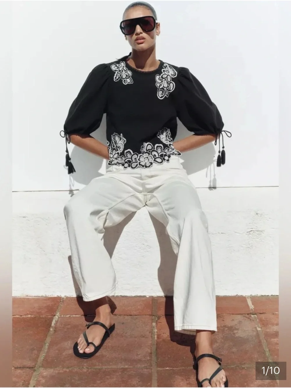 Zara Black Puff-Sleeve Top with White Floral Embroidery